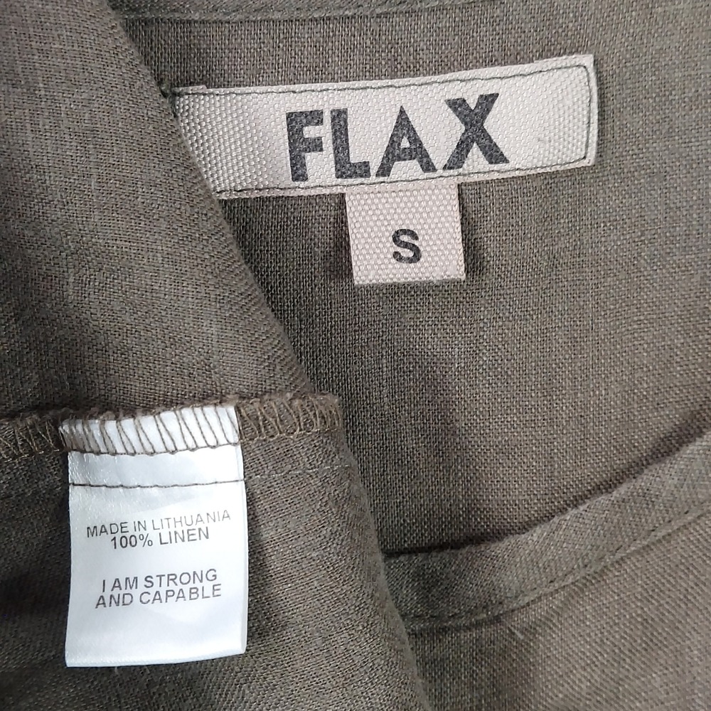 FLAX Linen Dress S Olive Green Sleeveless Pockets Lagenlook Minimalist Midi - Picture 6 of 10